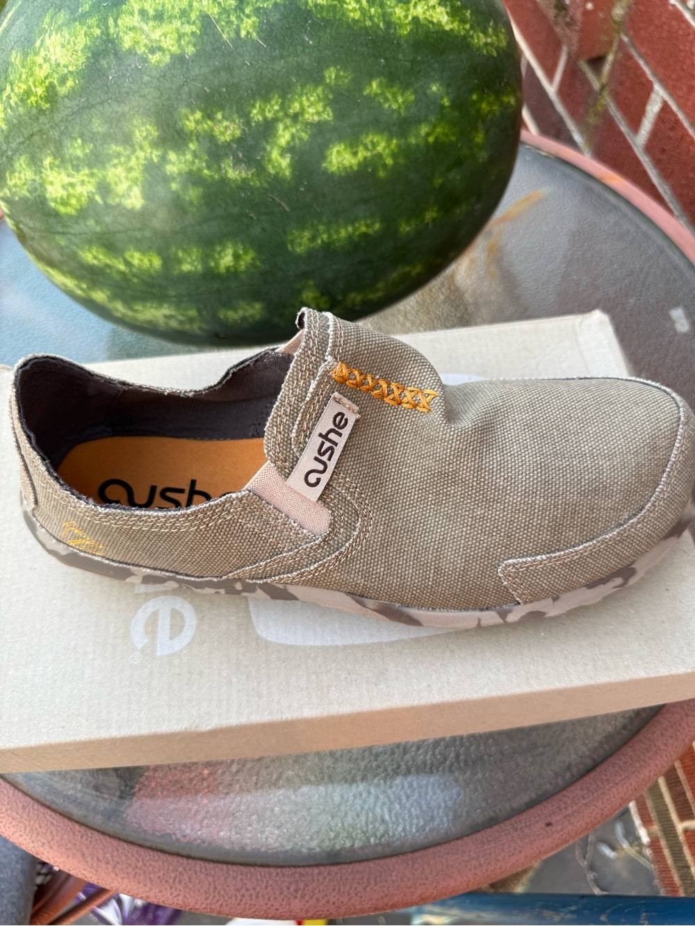 cushe Kids Slip-On Sneaker in Taupe with Yellow Stitching